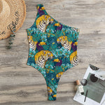 Tiger And Toucan Pattern Print One Shoulder Bodysuit