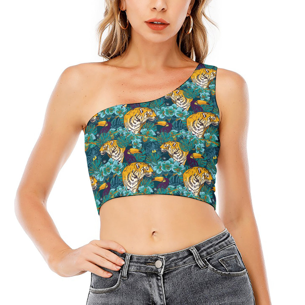 Tiger And Toucan Pattern Print One Shoulder Crop Top