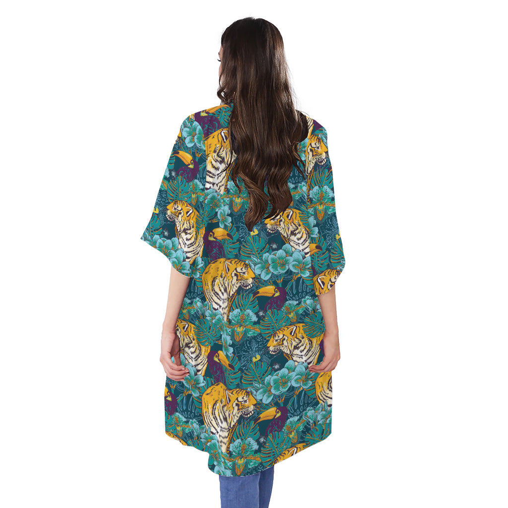 Tiger And Toucan Pattern Print Open Front Beach Cover Up