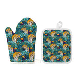 Tiger And Toucan Pattern Print Oven Mitt And Pot Holder Set