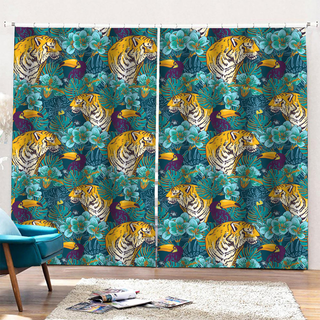 Tiger And Toucan Pattern Print Pencil Pleat Curtains