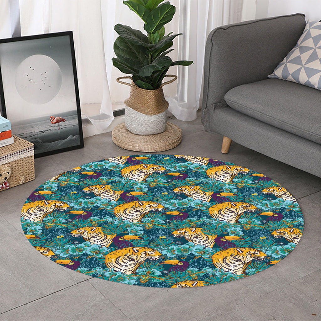 Tiger And Toucan Pattern Print Round Rug