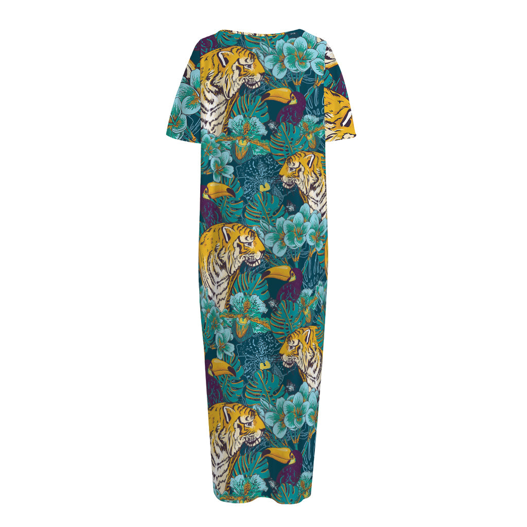 Tiger And Toucan Pattern Print Short Sleeve Long Nightdress