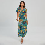 Tiger And Toucan Pattern Print Short Sleeve Maxi Dress