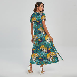 Tiger And Toucan Pattern Print Short Sleeve Maxi Dress