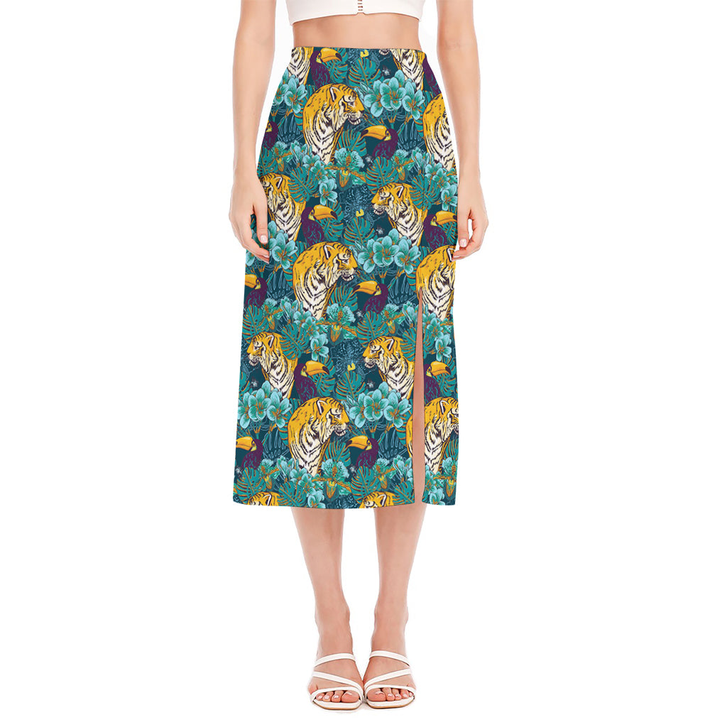 Tiger And Toucan Pattern Print Side Slit Midi Skirt