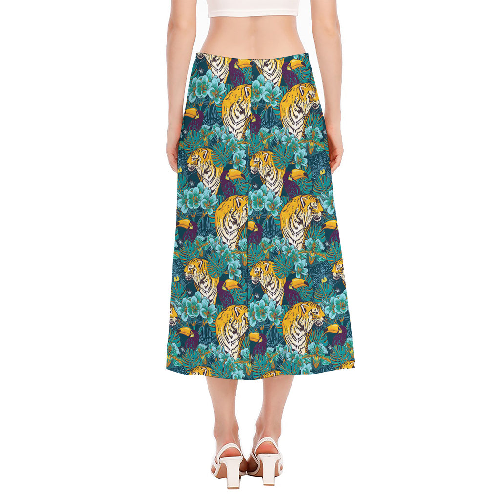 Tiger And Toucan Pattern Print Side Slit Midi Skirt