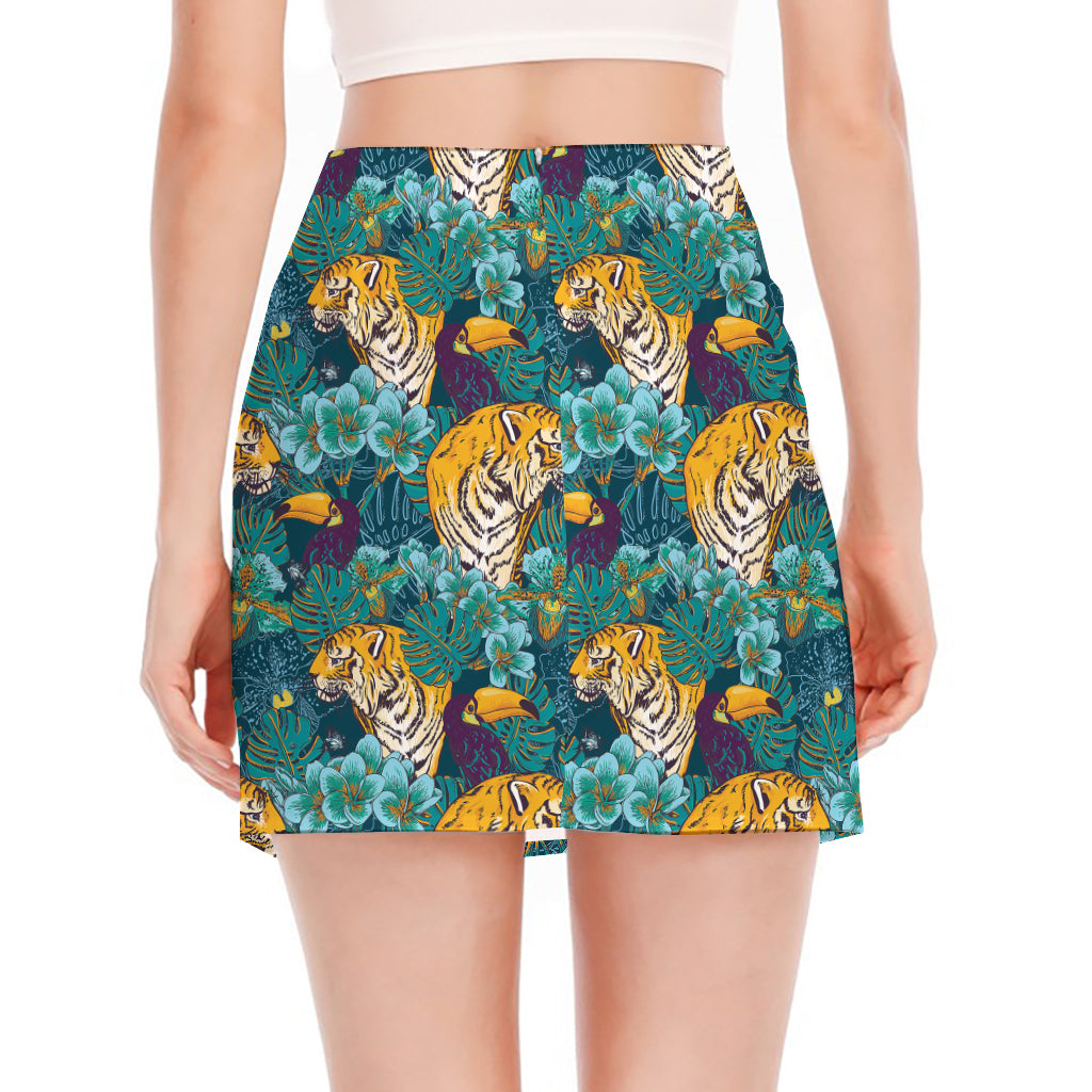 Tiger And Toucan Pattern Print Side Slit Mini Skirt