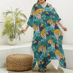 Tiger And Toucan Pattern Print Silk V-Neck Kaftan Dress