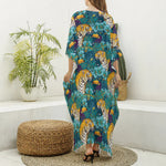 Tiger And Toucan Pattern Print Silk V-Neck Kaftan Dress
