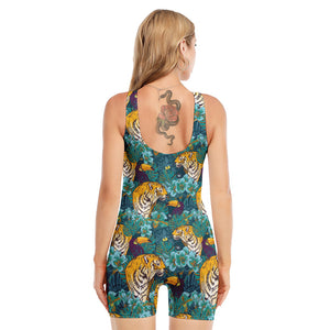 Tiger And Toucan Pattern Print Sleeveless One Piece Swimsuit