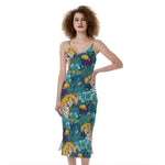 Tiger And Toucan Pattern Print Slim Fit Midi Cami Dress