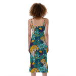 Tiger And Toucan Pattern Print Slim Fit Midi Cami Dress