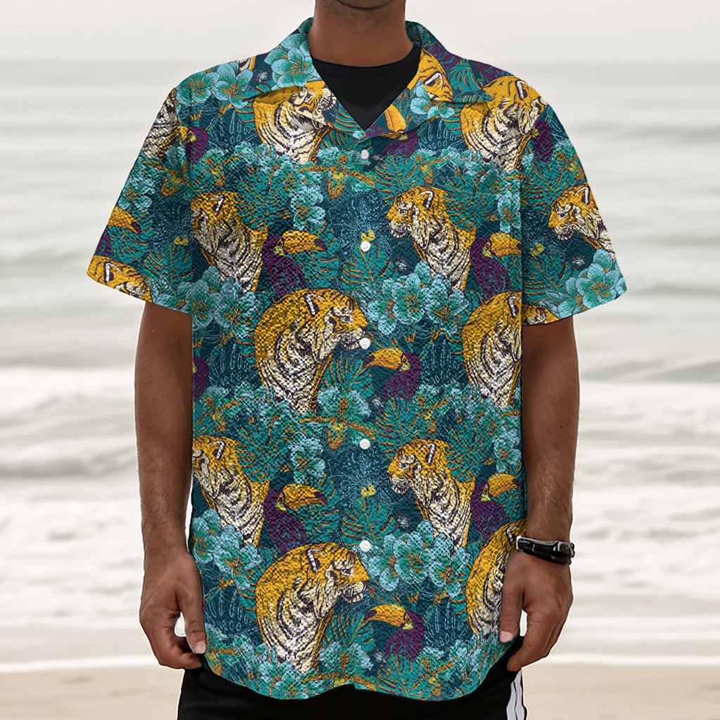 Tiger And Toucan Pattern Print Textured Short Sleeve Shirt