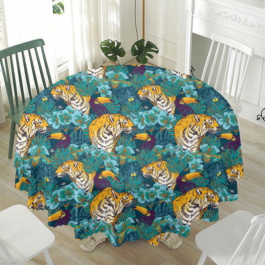Tiger And Toucan Pattern Print Waterproof Round Tablecloth