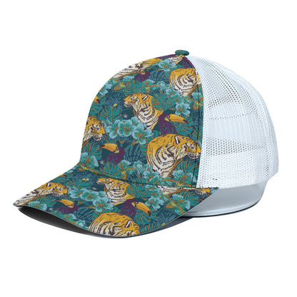 Tiger And Toucan Pattern Print White Mesh Trucker Cap