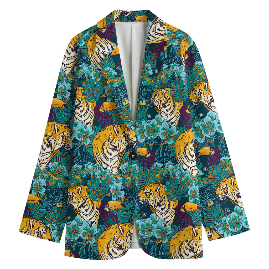 Tiger And Toucan Pattern Print Women's Cotton Blazer