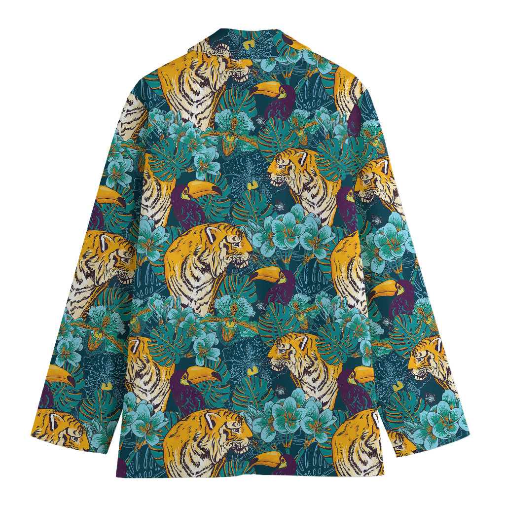 Tiger And Toucan Pattern Print Women's Cotton Blazer