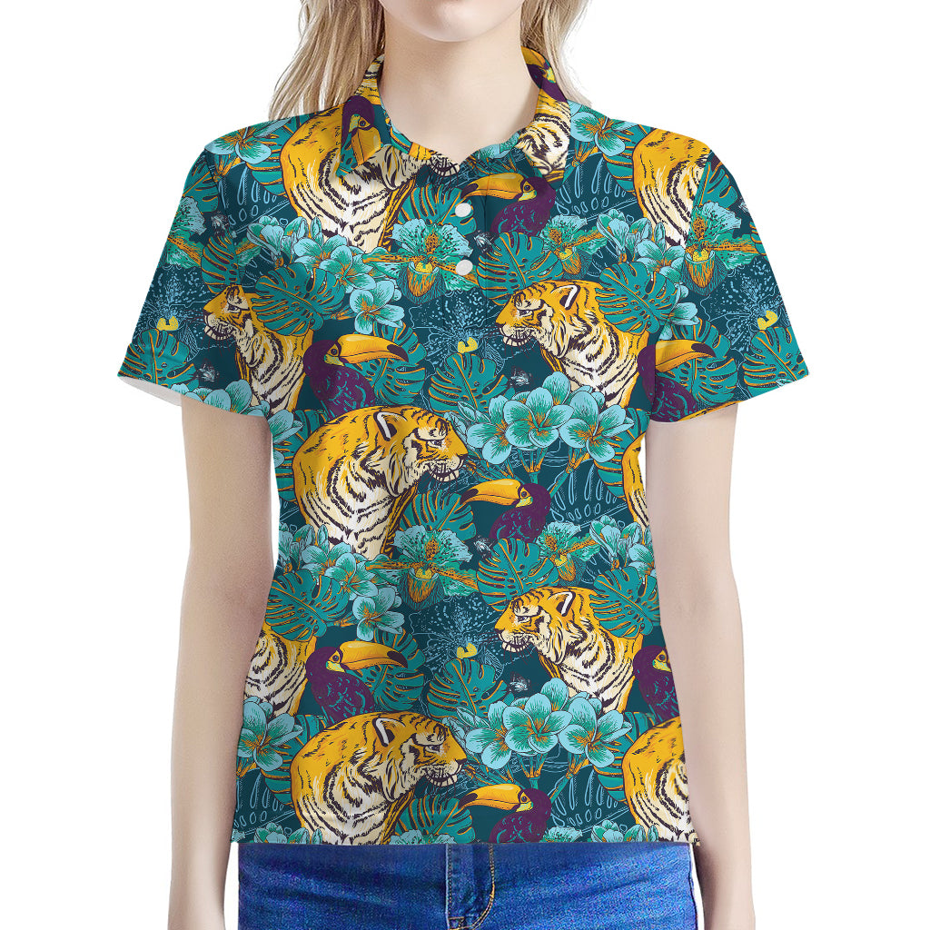 Tiger And Toucan Pattern Print Women's Polo Shirt