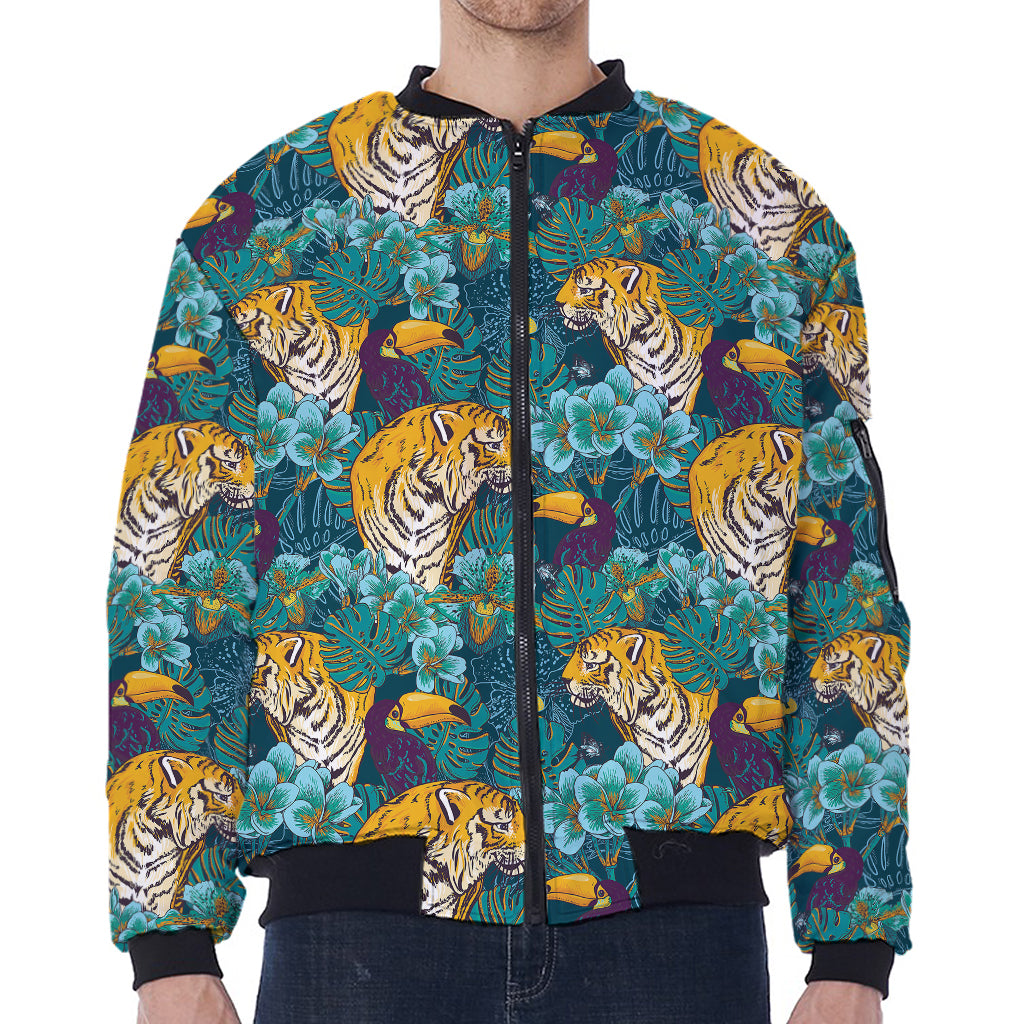 Tiger And Toucan Pattern Print Zip Sleeve Bomber Jacket