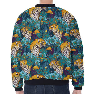 Tiger And Toucan Pattern Print Zip Sleeve Bomber Jacket