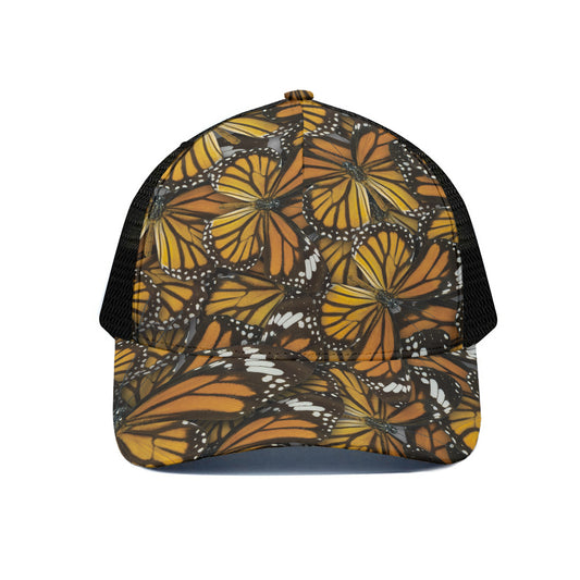 Tiger Monarch Butterfly Pattern Print Black Mesh Trucker Cap