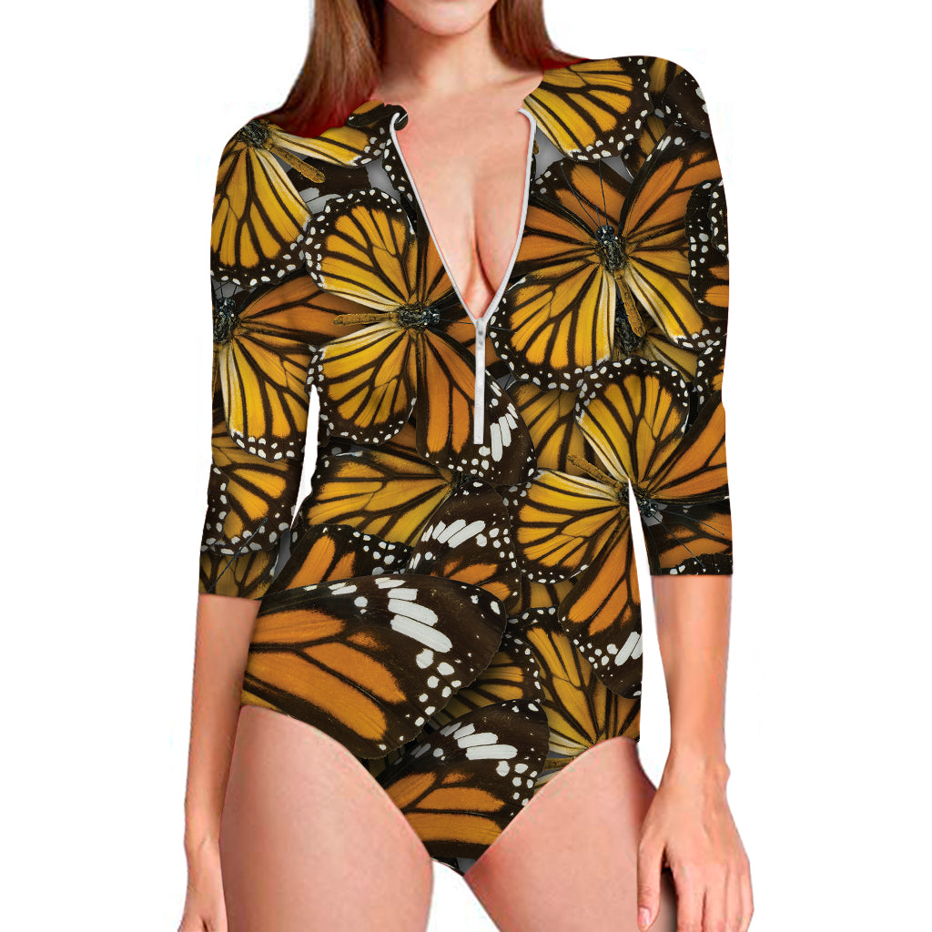 Tiger Monarch Butterfly Pattern Print Long Sleeve Swimsuit