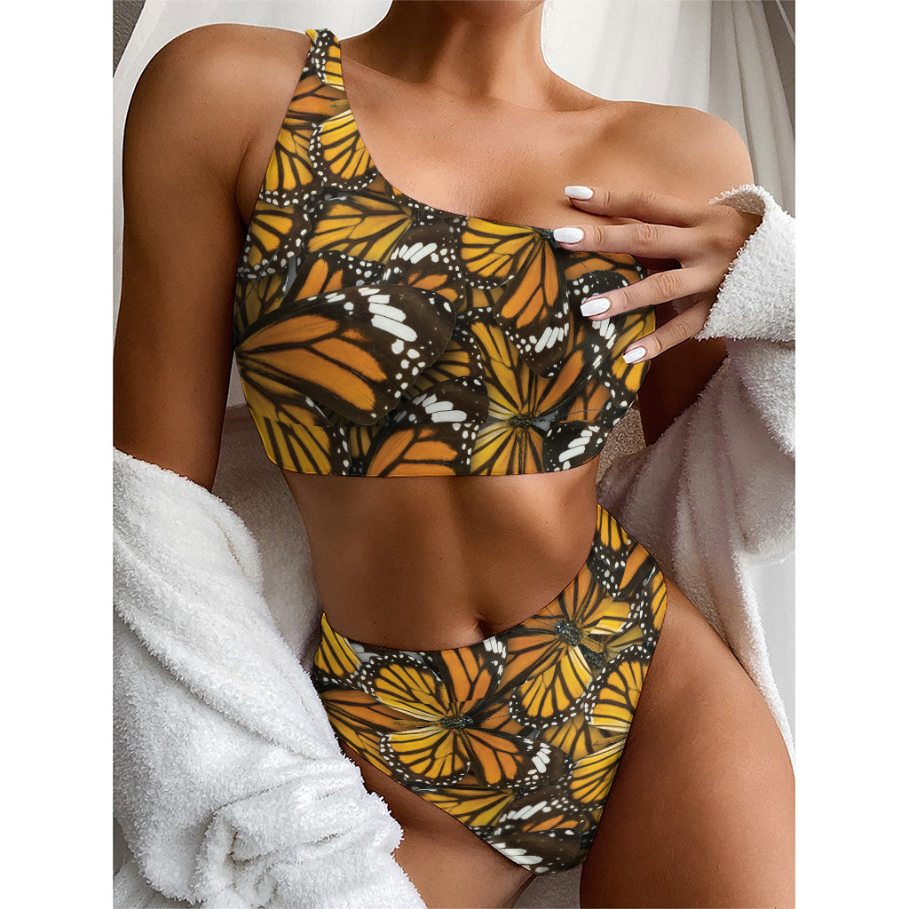 Tiger Monarch Butterfly Pattern Print One Shoulder Bikini Top