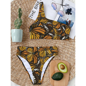 Tiger Monarch Butterfly Pattern Print One Shoulder Bikini Top