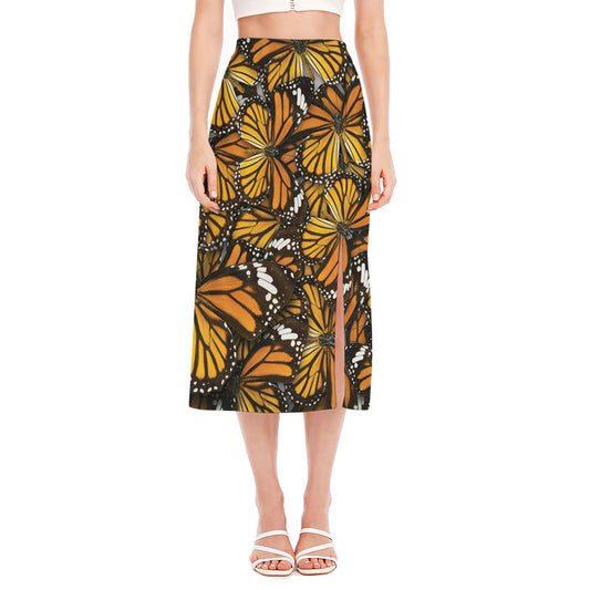 Tiger Monarch Butterfly Pattern Print Side Slit Midi Skirt