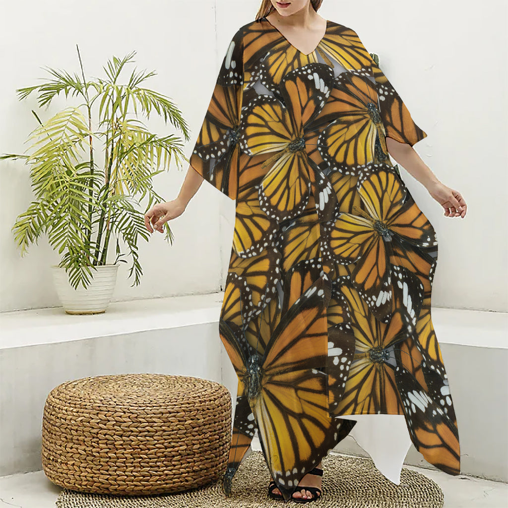 Tiger Monarch Butterfly Pattern Print Silk V-Neck Kaftan Dress