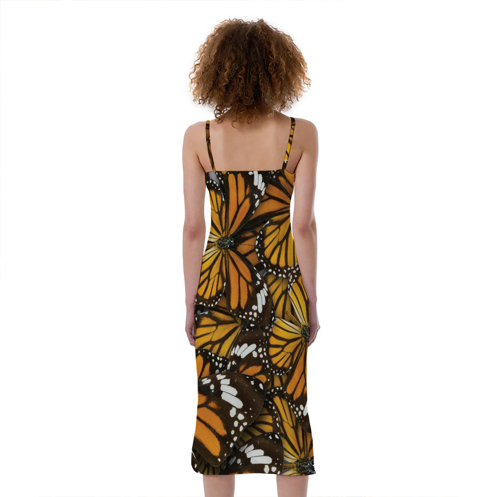 Tiger Monarch Butterfly Pattern Print Slim Fit Midi Cami Dress