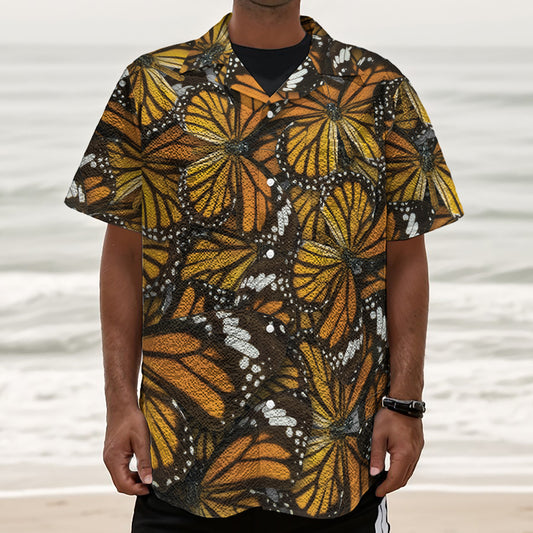 Tiger Monarch Butterfly Pattern Print Textured Short Sleeve Shirt