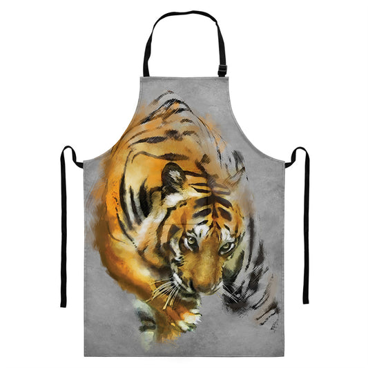 Tiger Painting Print Bib Apron With Pocket