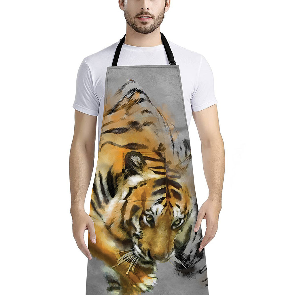 Tiger Painting Print Bib Apron With Pocket