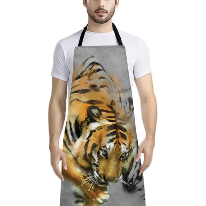 Tiger Painting Print Bib Apron With Pocket