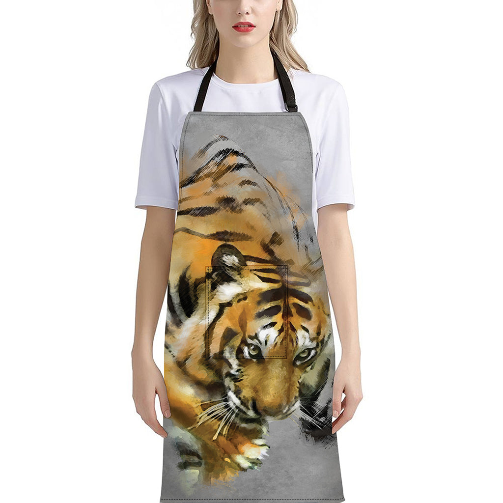 Tiger Painting Print Bib Apron With Pocket