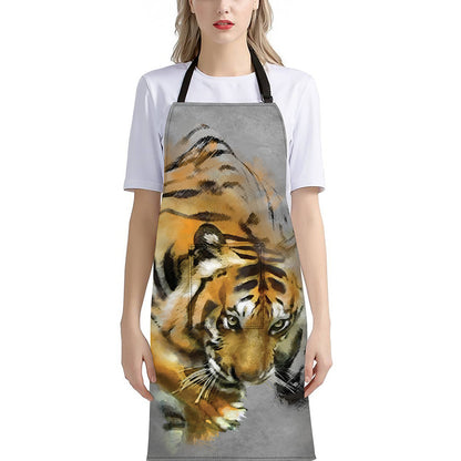 Tiger Painting Print Bib Apron With Pocket
