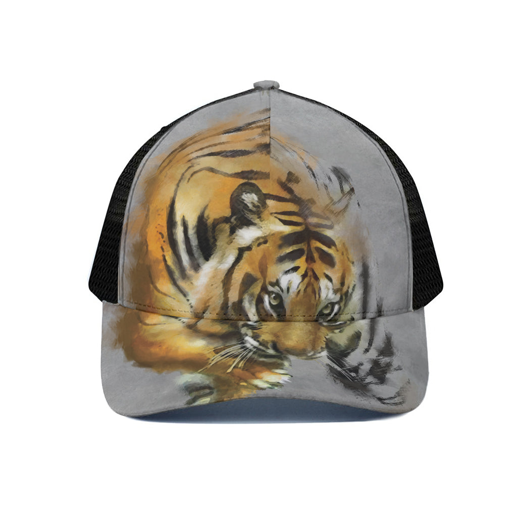 Tiger Painting Print Black Mesh Trucker Cap