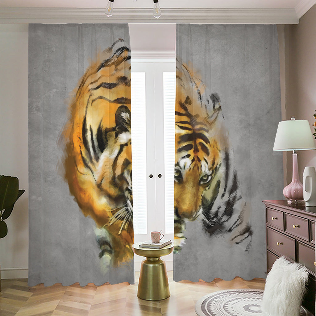 Tiger Painting Print Blackout Pencil Pleat Curtains