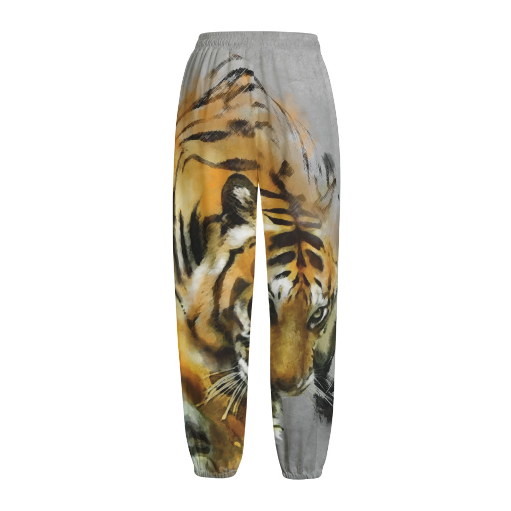 Tiger Painting Print Fleece Lined Knit Pants