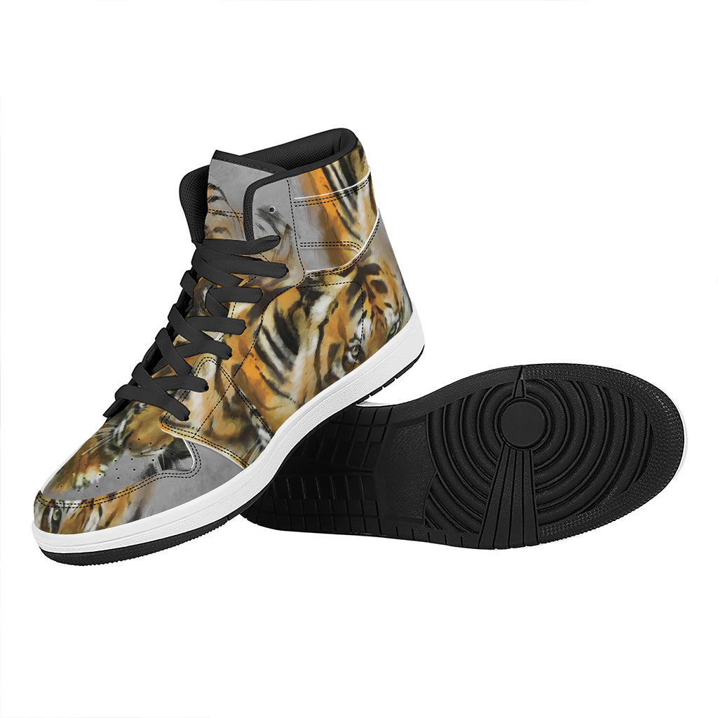 Tiger Painting Print High Top Leather Sneakers