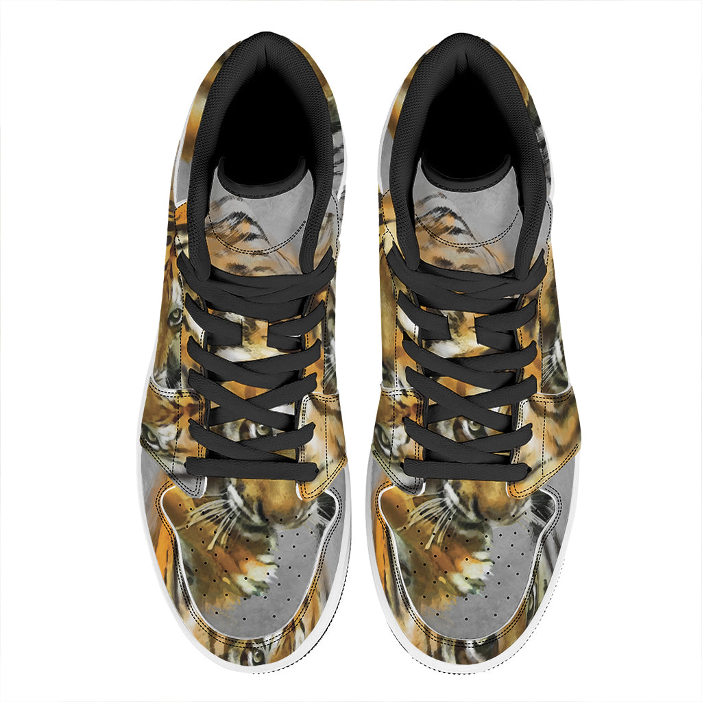 Tiger Painting Print High Top Leather Sneakers