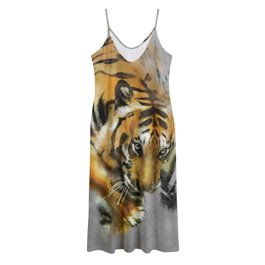 Tiger Painting Print Jersey Midi Cami Dress