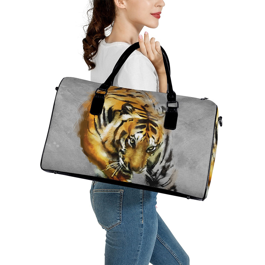 Tiger Painting Print Leather Duffle Bag