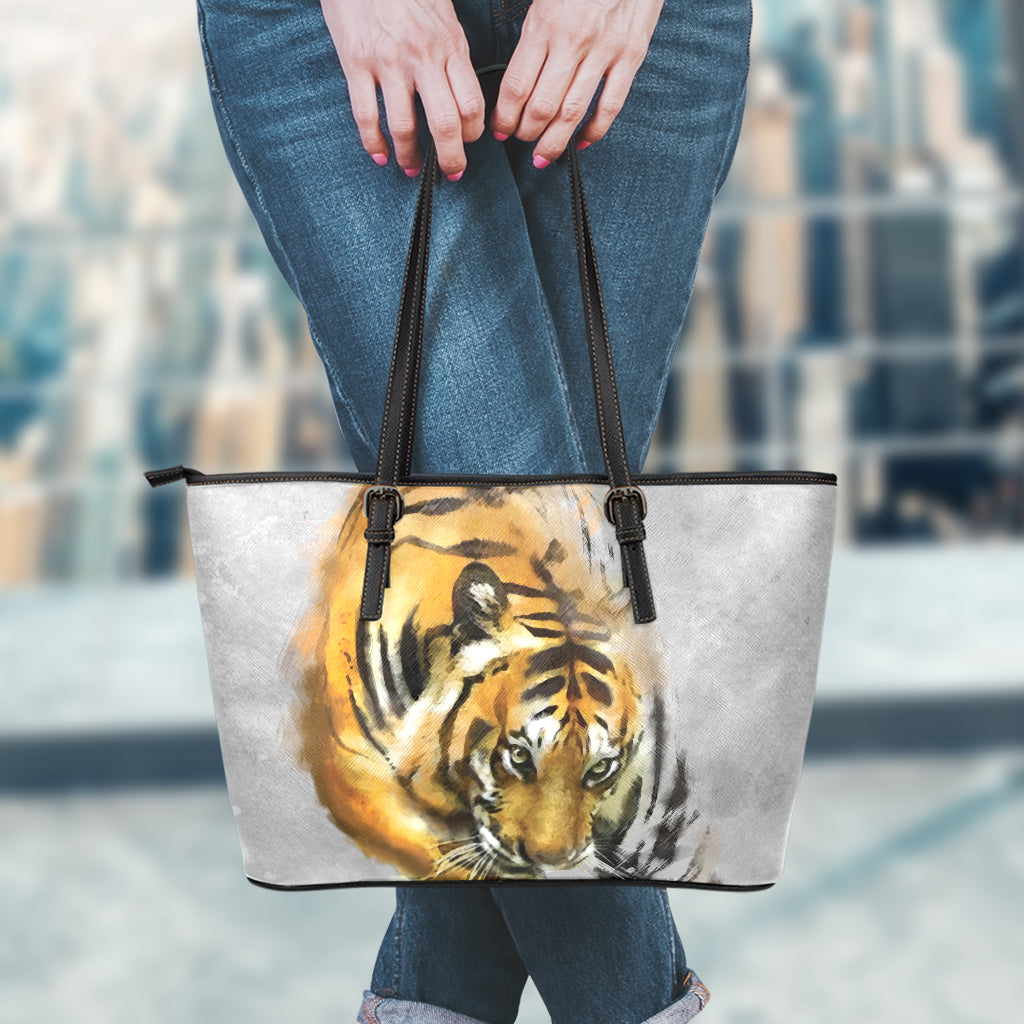 Tiger Painting Print Leather Tote Bag