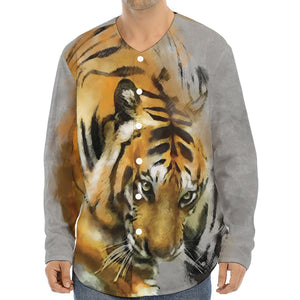 Tiger Painting Print Long Sleeve Baseball Jersey