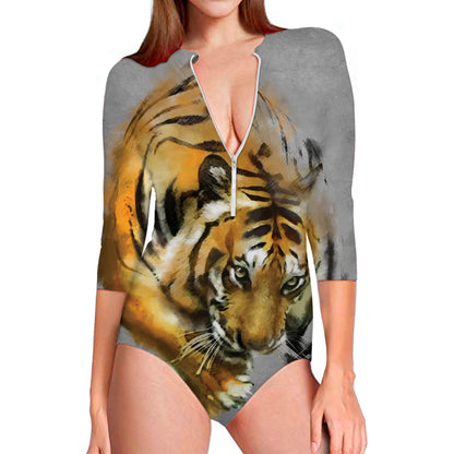 Tiger Painting Print Long Sleeve Swimsuit