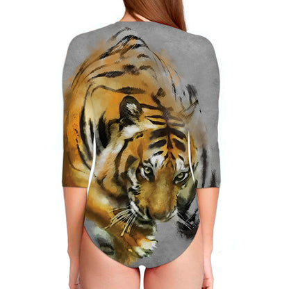 Tiger Painting Print Long Sleeve Swimsuit