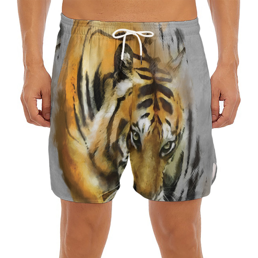 Tiger Painting Print Men's Split Running Shorts